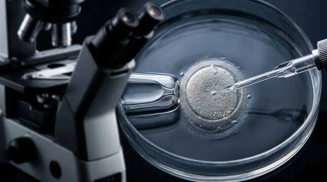 A microscopic view of a micropipette introducing sperm to an ovum during in vitro fertilization