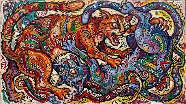 Anamorphic illustration of two fighting cats forming unified image from overhead viewpoint
