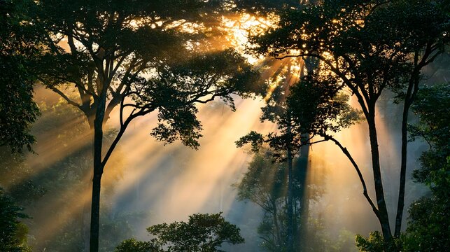 Ethereal Eden: Golden Sunbeams Piercing the Ancient Morning Mist of Dja Faunal Reserve