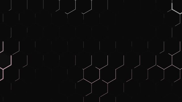 Hexagon Grid Glowing Digital Pattern Pulsing on Black Background for Technology HUD Interface Overlay