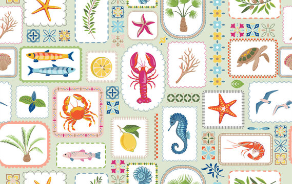 Vector summer seamless pattern. Hand drawn illustration with sea animals, shells, fish. Mediterranean beach surface print design, summer vacation endless background
