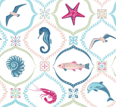 Vector summer seamless pattern. Hand drawn illustration with sea animals, shells, fish. Mediterranean beach surface print design, summer vacation endless background