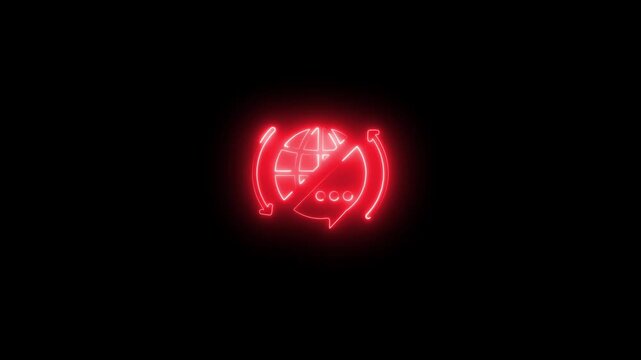 Neon red global communication animation on black background