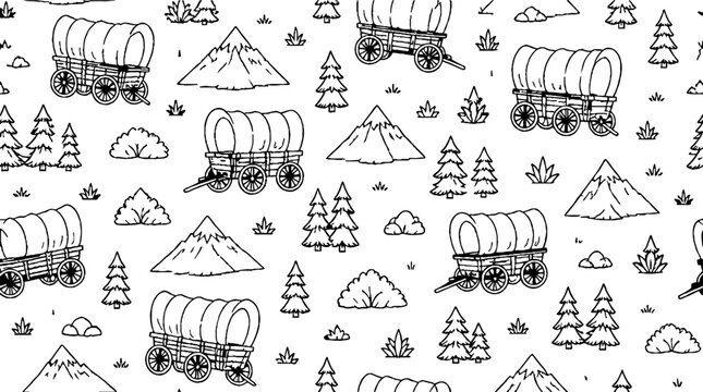 Vintage Wagon Train and Mountain Landscape Pattern.