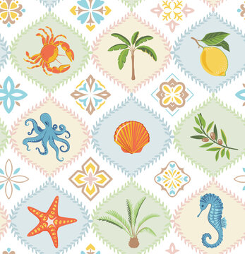 Vector summer seamless pattern. Hand drawn illustration with sea animals, palm trees, lemons. Mediterranean beach surface print design, summer vacation endless background