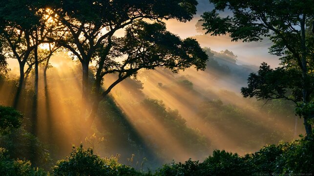Ethereal Eden: Golden Sunbeams Piercing the Ancient Morning Mist of Dja Faunal Reserve