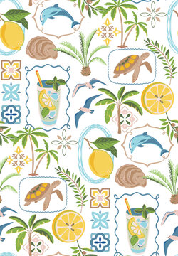 Vector summer seamless pattern. Hand drawn illustration with sea animals, palm trees, lemons. Mediterranean beach surface print design, summer vacation endless background