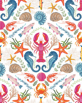 Vector summer seamless pattern. Hand drawn illustration with sea animals, shells, fish. Mediterranean beach surface print design, summer vacation endless background