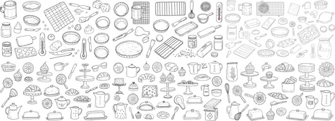 Fototapeta premium A delightful collection of baking tools and delicious pastries illustrated in a sketched style.
