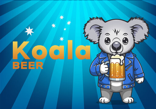 Vector cartoon cute cuddly standing koala in blue jacket with mug of beer. Toon drunk funny australian animal. Intoxicating alcoholic drink. Bar, pub, stars. Light rays. Endemic