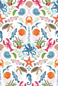 Vector summer seamless pattern. Hand drawn illustration with sea animals, shells, fish. Mediterranean beach surface print design, summer vacation endless background