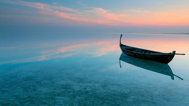 Glass Lagoon: Traditional Maldivian Dhoni Floating on Mirror-Like Turquoise Waters at Pastel Sunrise