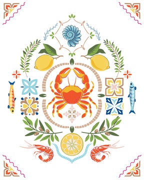 Cute vector summer cards with sea animals, olive branches, lemons. Bright colorful poster.