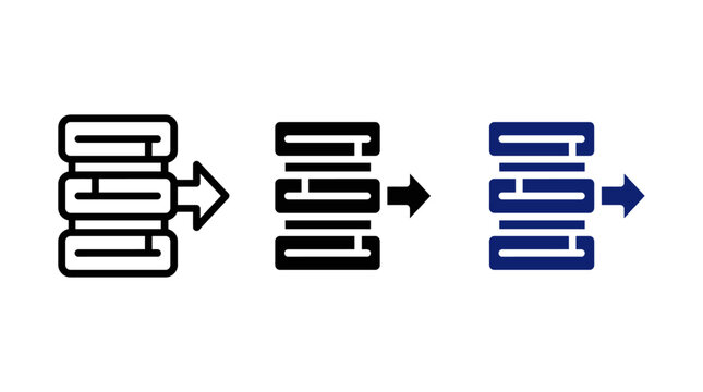 Database server data export or cloud hosting migration icon set with right forward arrow in line glyph and blue styles