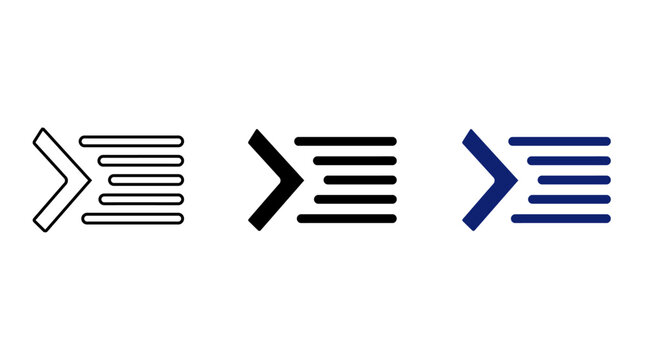 Increase text indentation and code alignment menu icon set with right arrow in line glyph and blue styles