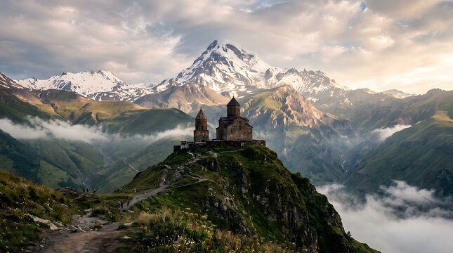 Mountain Majesty: Gergeti Trinity Church Perched Below the Dramatic Peak of Mount Kazbek