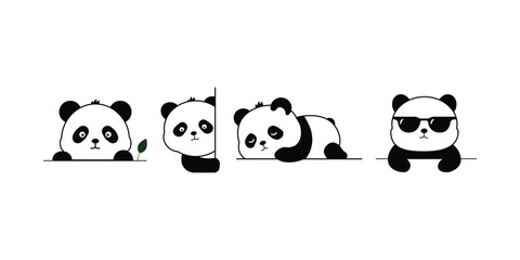Cute panda character set peeking, relaxing, and wearing sunglasses. Minimal cartoon animal vector isolated on white background, ideal for stickers, children's products, branding, and decoration. © Singkil Kreatif