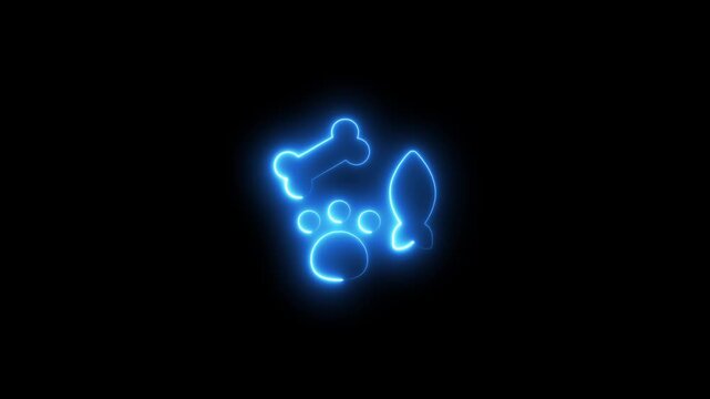 Neon pet care animation with paw print, bone, and fish symbols