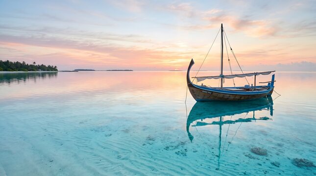 Serenity at Dawn: A Traditional Maldivian Dhoni Floating on a Glass-Perfect Turquoise Lagoon