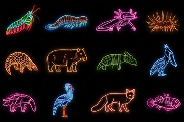 Fototapeta premium Ten animals are shown in neon style on black tiles, featuring mantis shrimp, axolotl, and more, creating a colorful and vibrant display.