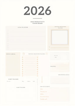 Minimalist 2026 annual productivity layout and vision template for goal setting habit tracking and personal growth organization on a peach background