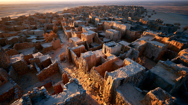 Desert Geometry: The Ancient Stone Labyrinth of Ouadane Bathed in Golden Sahara Light