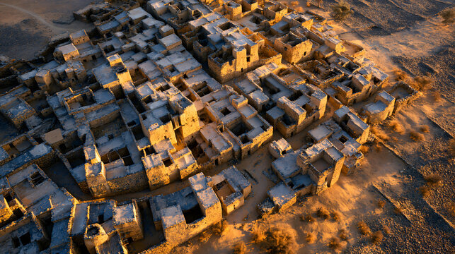 Desert Geometry: The Ancient Stone Labyrinth of Ouadane Bathed in Golden Sahara Light