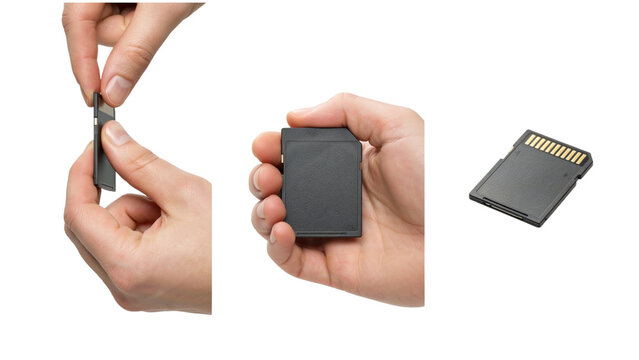 Three views of a black sd memory card isolated on white png product cutout clipping path ad social media download product banner template event festive festival 2026 2027 2028