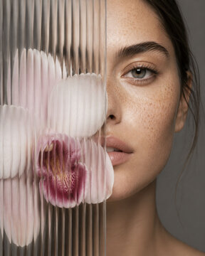 Luxury beauty portrait of woman with orchid behind textured glass, botanical skincare concept, minimalist editorial aesthetic, natural skin and elegant light
