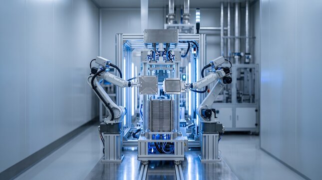 Symmetrical shot of automated robotic arms assembling a hydrogen fuel cell stack inside a cleanroom facility