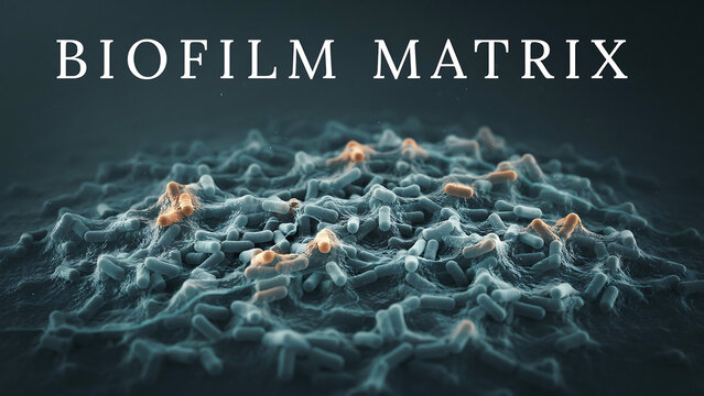 Microscopic view of biofilm matrix with bacteria and extracellular polymeric substances in a complex network structure on a surface