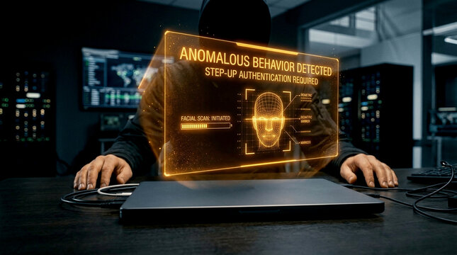 Close up of hands on laptop with conditional access hologram for step-up authentication during anomaly detection within enterprise zero trust security system ensuring robust access control