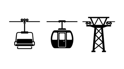 Cable Car and Gondola Icon Set Representing Transport, Tourism, and Mountain Adventure in Bold Black‑and‑White Vector Style © Ali