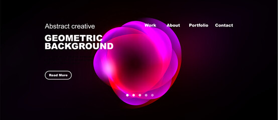 Naklejka premium Dark background features vibrant pink, blue geometric shapes. Website header includes navigation options, text, button. Minimalist design.