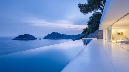 Fototapeta premium Luxury modern villa house with swimming pool and ocean view at dusk, seaside coastal residence featuring sunset sky, infinity pool horizon and elegant waterfront architecture for serene lifestyle