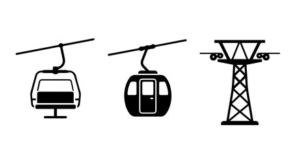 Cable Car and Gondola Icon Set Representing Transport, Tourism, and Mountain Adventure in Bold Black‑and‑White Vector Style © Ali