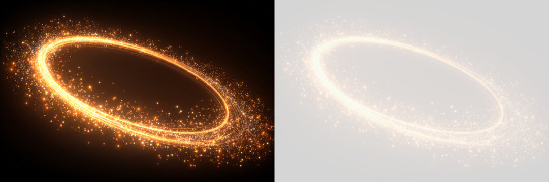 Transparent png overlay of glowing orange light swirl with dust and sparkle effects in a dynamic circular wave design for luxury and festive decorative elements line twirl shine effect element