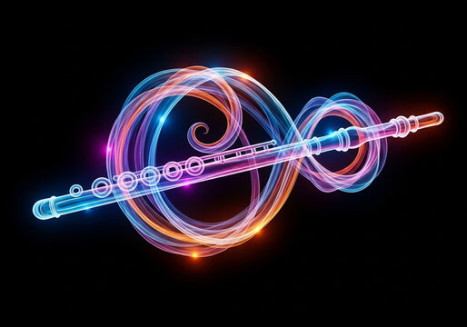 Abstract glowing flute with vibrant swirling light trails