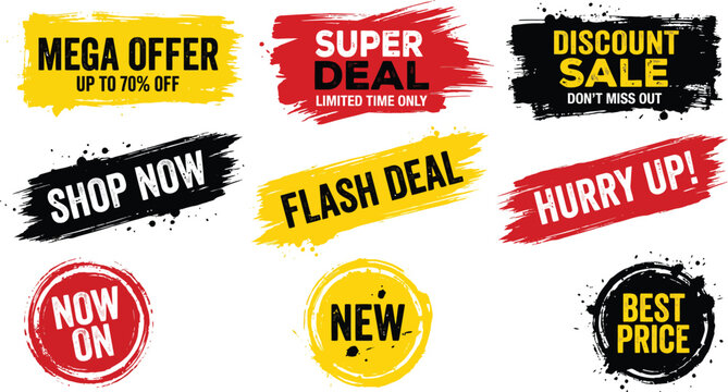 Collection of sale and offer banners including mega deal, super deal, flash deal, new product, and best price for advertising and marketing campaigns