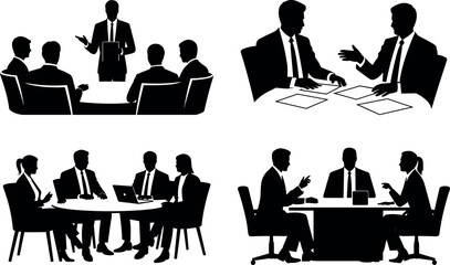 Fototapeta premium business meeting silhouettes set featuring professionals in suits during presentations boardroom conferences negotiations and job interviews