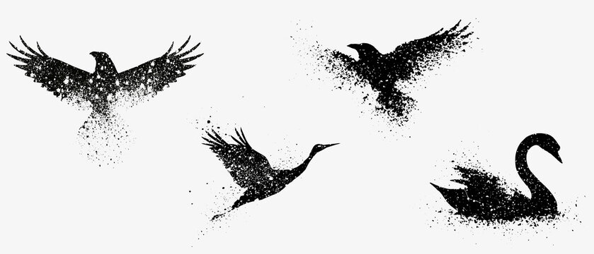 Flying Birds Ink Silhouette Collection with swan PNG Isolated on Transparent Background