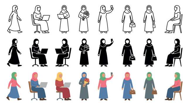 Muslim women in hijab performing various daily activities, depicted in diverse illustration styles including outline, silhouette, and flat color vector art.