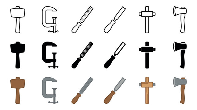 Essential woodworking tools set including mallets, clamp, rasp, chisel, and axe in outline, silhouette, and flat design icon styles.