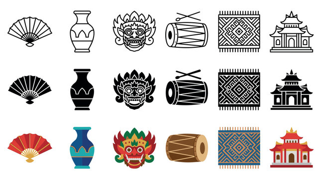 Traditional Asian cultural symbols and objects presented as a versatile icon set in outline, solid, and colorful flat design styles.