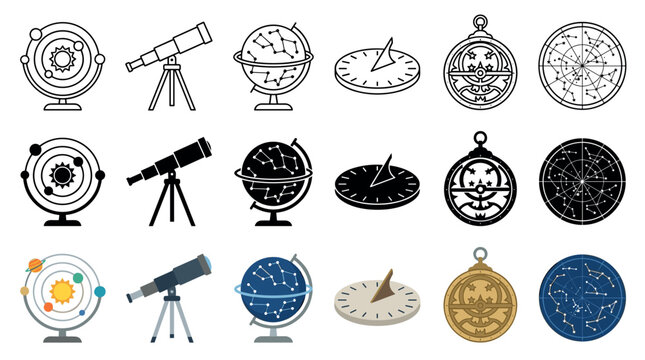 Illustrative collection of astronomical instruments and celestial navigation tools, including orrery, telescope, globe, sundial, astrolabe, and star chart.