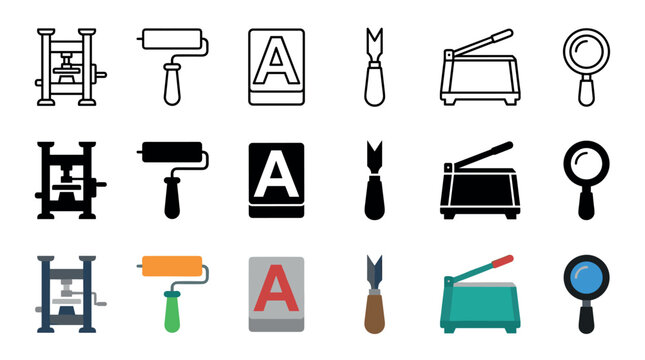 Printing, crafting, and office tools are depicted as a versatile collection of modern graphic icons, showcasing outline, solid, and colorful design variations.