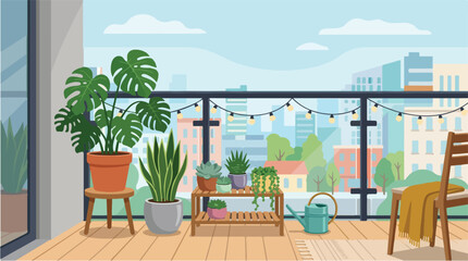 Modern apartment balcony garden with potted plants and city view, cozy urban terrace with monstera and string lights, outdoor living space vector © afif