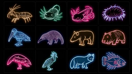 Fototapeta premium Neon outlines of ten animals are displayed on black tiles. Each animal is shown in bright colors and distinct shapes.