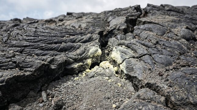 Close-up of cracked hardened lava with sulfur deposits in rock cracks and volcanic grit, scientific field macro geology wide shot