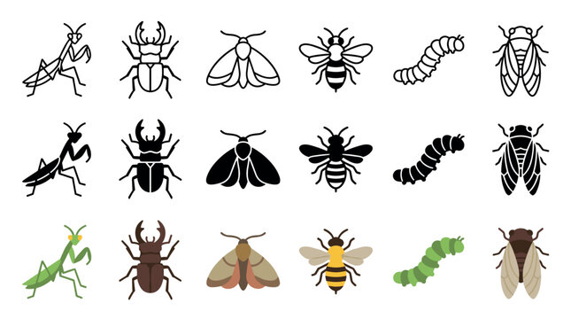 Various insect icons featuring different styles and species including praying mantis, stag beetle, moth, bee, caterpillar, and cicada for nature and entomology designs.